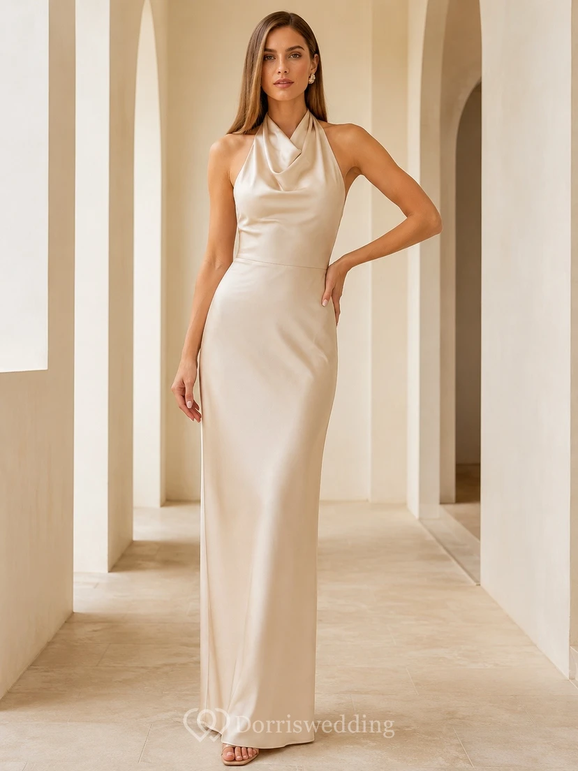 Simple Sheath Halter Sexy Cowl Backless Champagne Formal Evening Dress