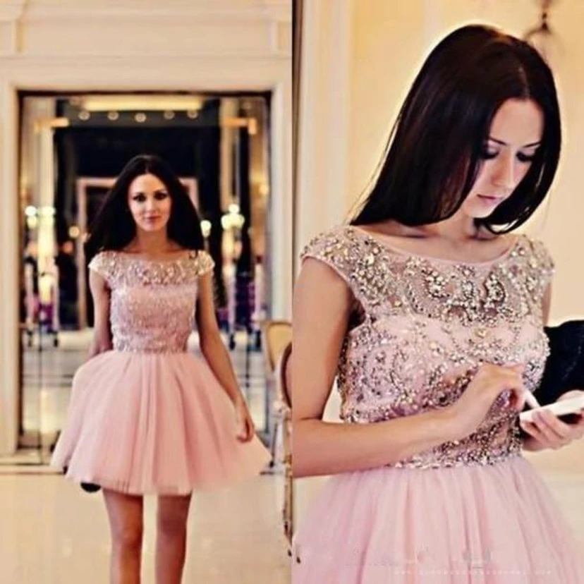 Lovely Pink Crystals Short Homecoming Dress Cap Sleeve view 2