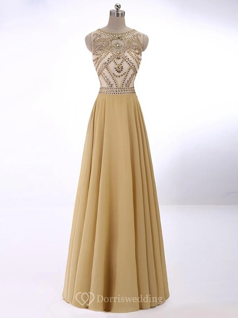 A-line Sleeveless Scoop Crystal Chiffon Floor-Length Dresses
