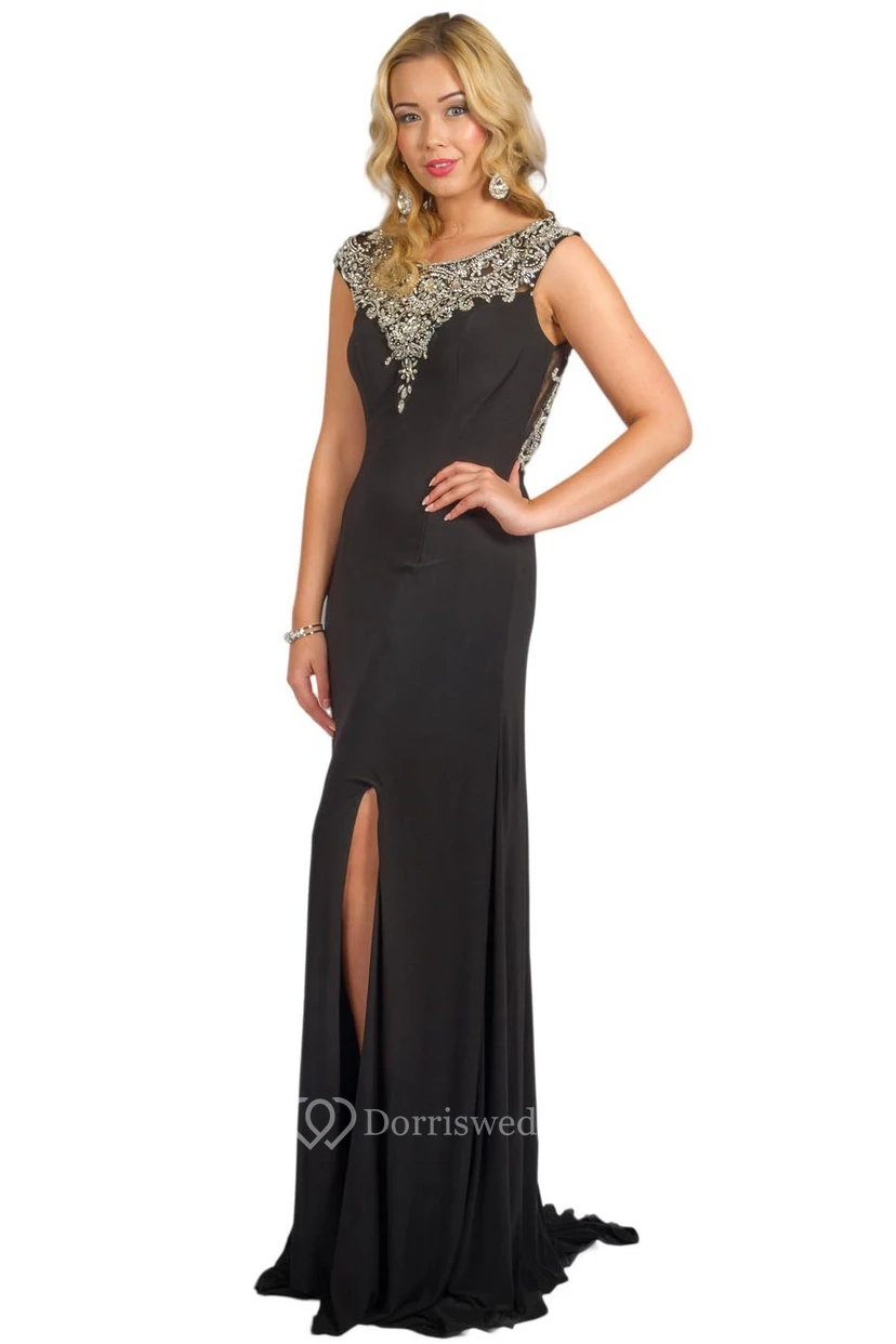 Sheath Beaded Sleeveless Scoop-Neck Floor-Length Jersey Prom Dress With Split Front
