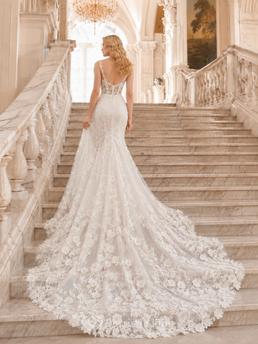 Vestido de novia de sirena con cola de encaje floral en cascada y gran escalera view 2