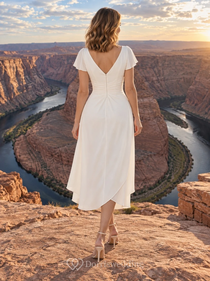 Vestido de novia sencillo de largo midi, escote en V, manga corta, estilo tubo, de crepé elástico drapeado view 2