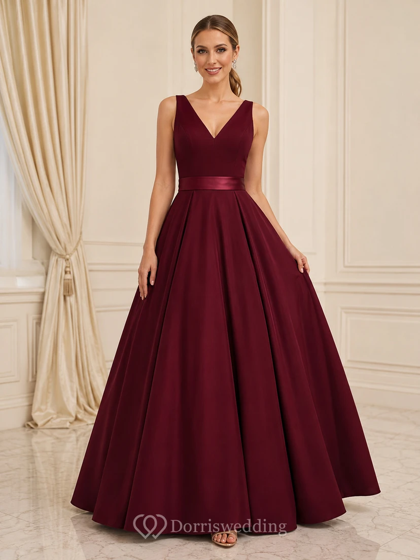 Burgundy Simple Affordable V Neck Strap Satin Sash Quinceanera A-Line Evening Gown