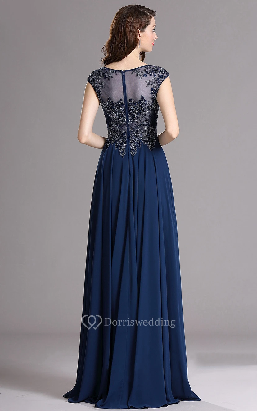 Empire Bateau Short Sleeve Empire Chiffon Appliques Zipper Dress view 2