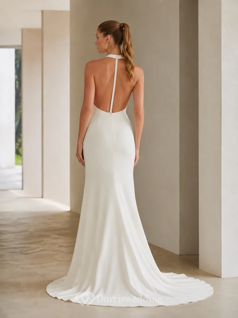 Minimalist Satin Wedding Dress Mermaid Halter Sleeveless Sweep Train Bridal Gown view 2