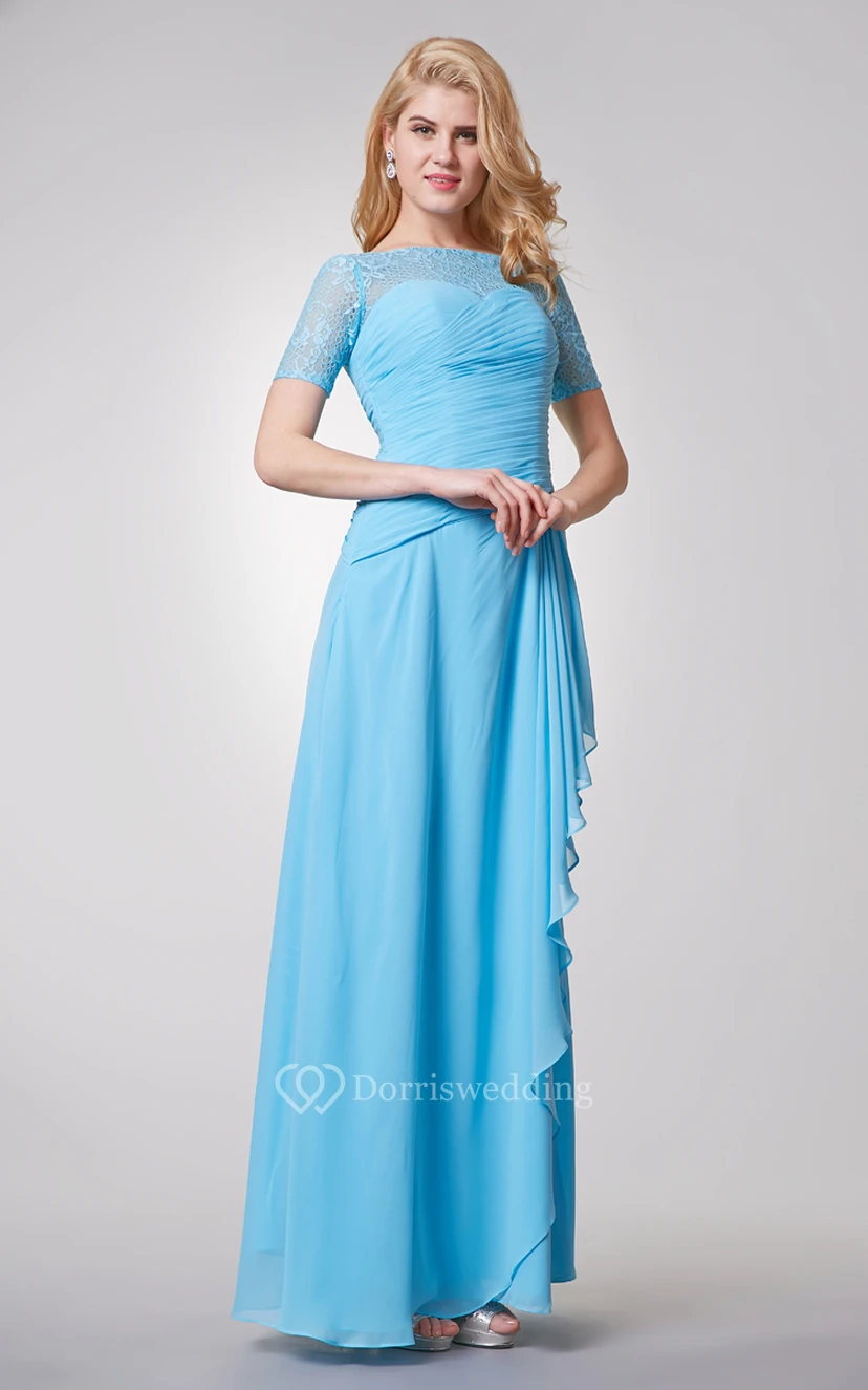 Short Sleeve Long Chiffon and Lace Dress view 4