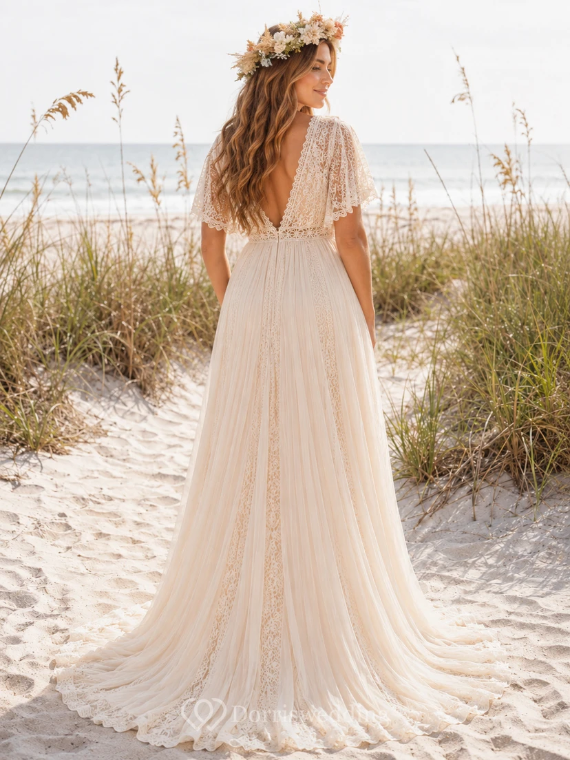 Umstandsbrautkleid mit V-Ausschnitt, Spitze und flatternden Ärmeln – Strandbrautkleid view 2