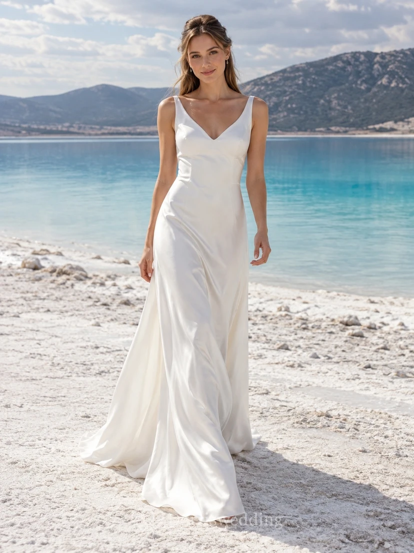 Simple Sheath V Neck Sleeveless Satin Bridal Dress with Open Back