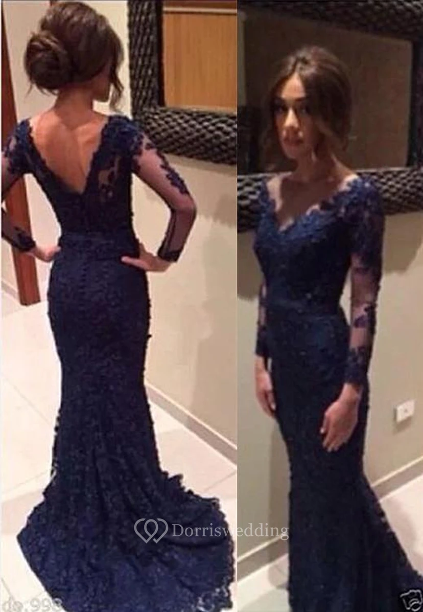 Precioso vestido de fiesta de sirena con apliques de manga larga y cola.