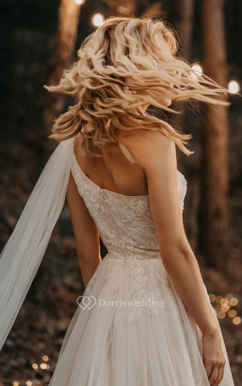 One-shoulder Empire A-line Lace Tulle Asymmetrical Country Wedding Dress view 4