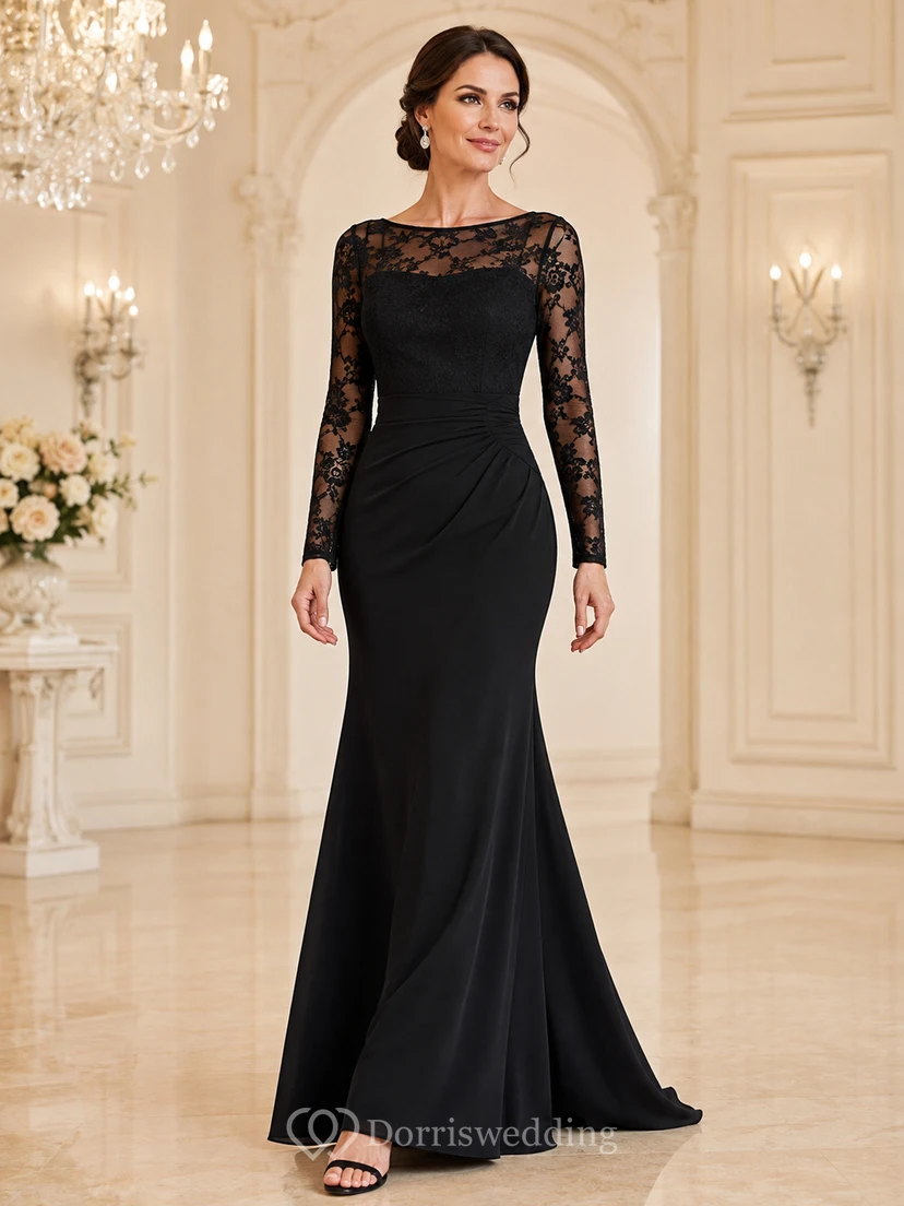 Schwarzes, elegantes Meerjungfrauen-Abendkleid mit langen Ärmeln und Illusionsspitze, U-Boot-Ausschnitt, für festliche Anlässe