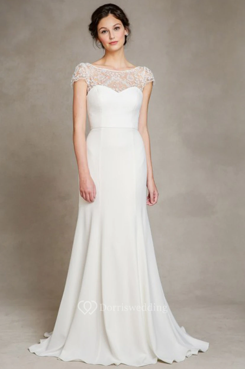 Sheath Scoop-Neck Floor-Length Cap-Sleeve Satin Wedding Dress