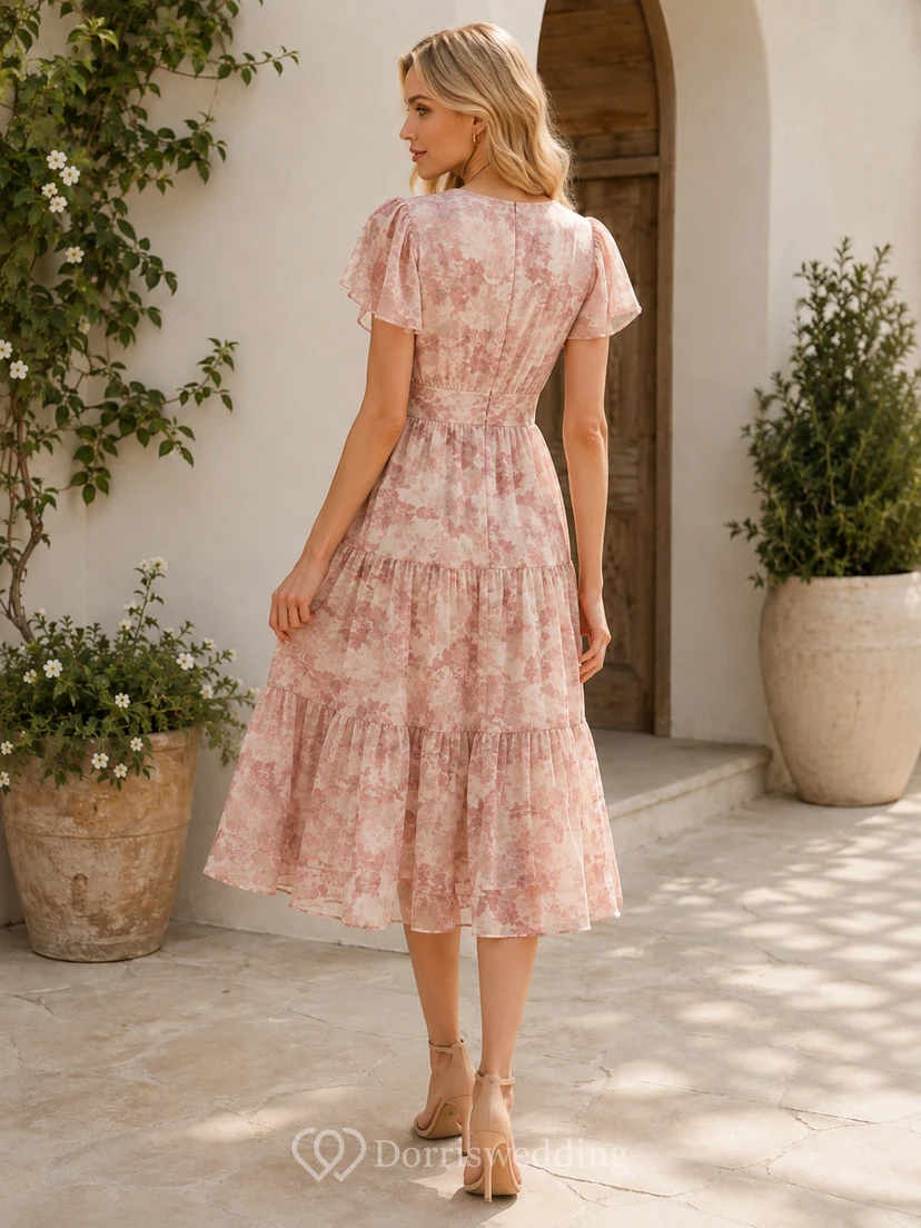 Vestido de invitada de gasa color rosa empolvado con escote en V, mangas con pétalos, estampado floral, cintura natural, corte en A y largo hasta la rodilla. view 2