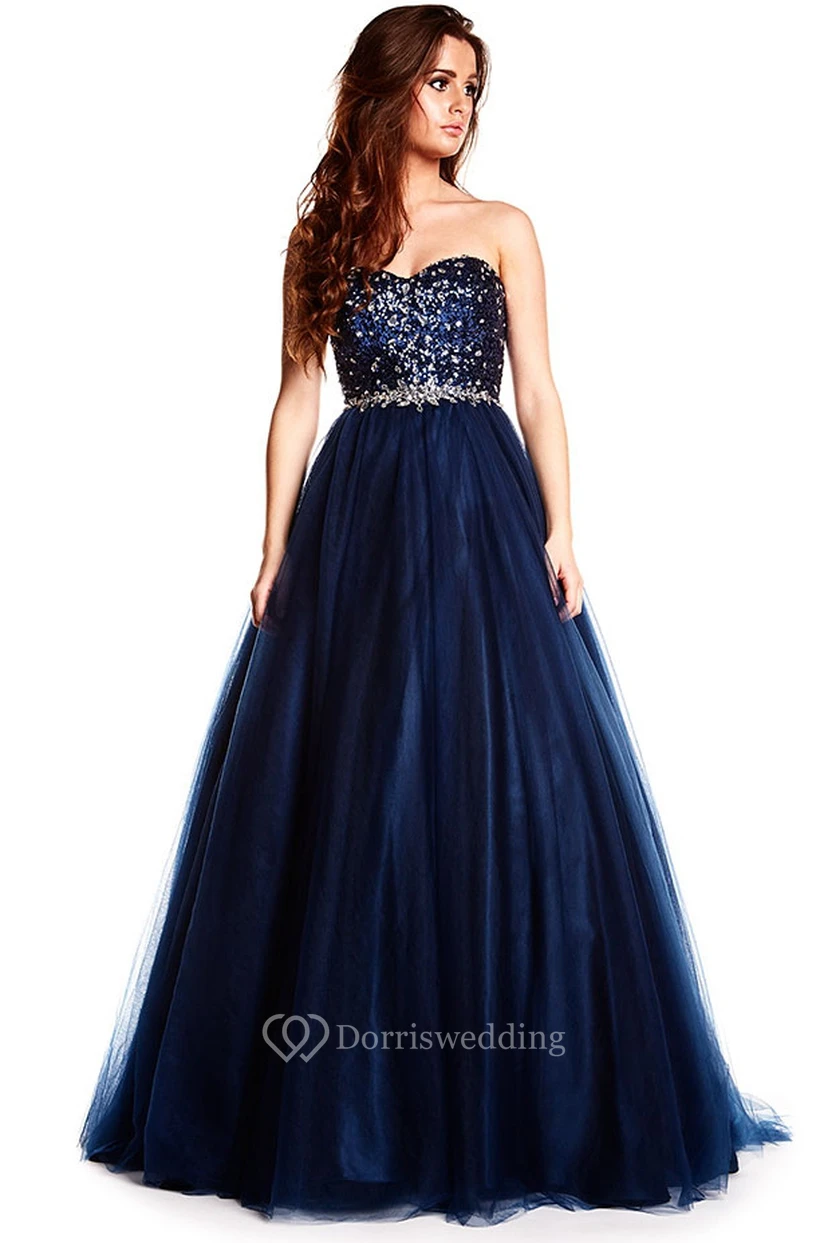Herzförmiges, bodenlanges, perlenbesetztes Tüll-Abendkleid mit Taillenschmuck und Schnürung
