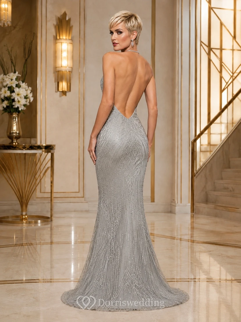 Silver Halter Sleeveless Sequin Mermaid Elegant Formal Evening Gown view 2