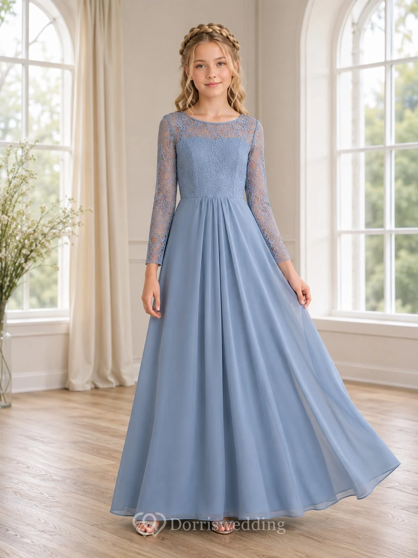 Stahlblaues Brautjungfernkleid für junge Frauen, A-Linie, U-Boot-Ausschnitt, lange Ärmel, Illusionsspitze, romantisch