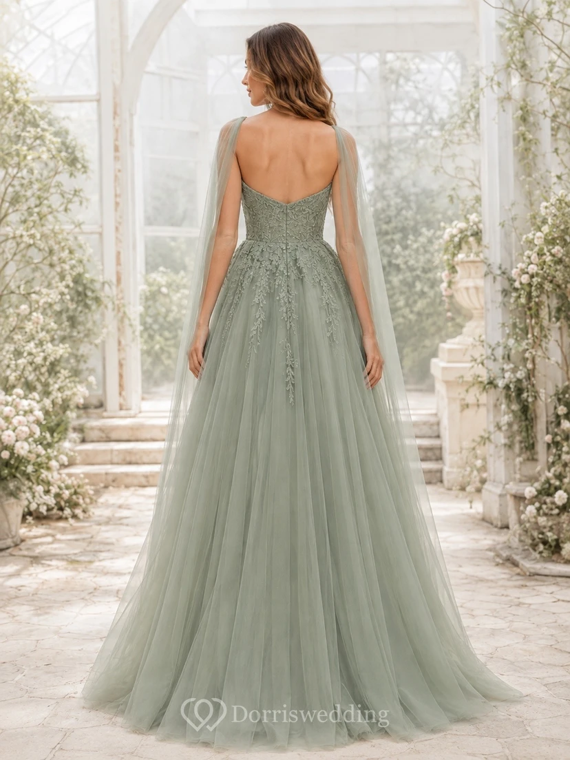 Sage Green Square Neck Sleeveless Layered Tulle Gown view 2