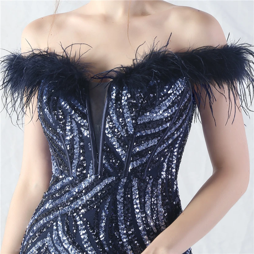 Robe de soirée haut de gamme à sequins, ornée d'un gilet à taille en arêtes de poisson et de plumes d'autruche. view 18
