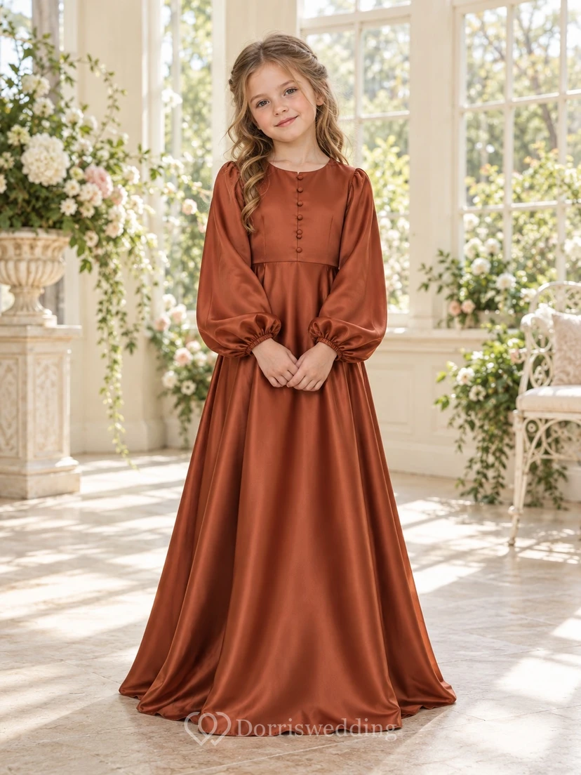 Vintage-Blumenmädchenkleid aus Satin mit langen Ärmeln, rostfarbenem Oberteil, Knopfleiste und bodenlangem Schnitt.