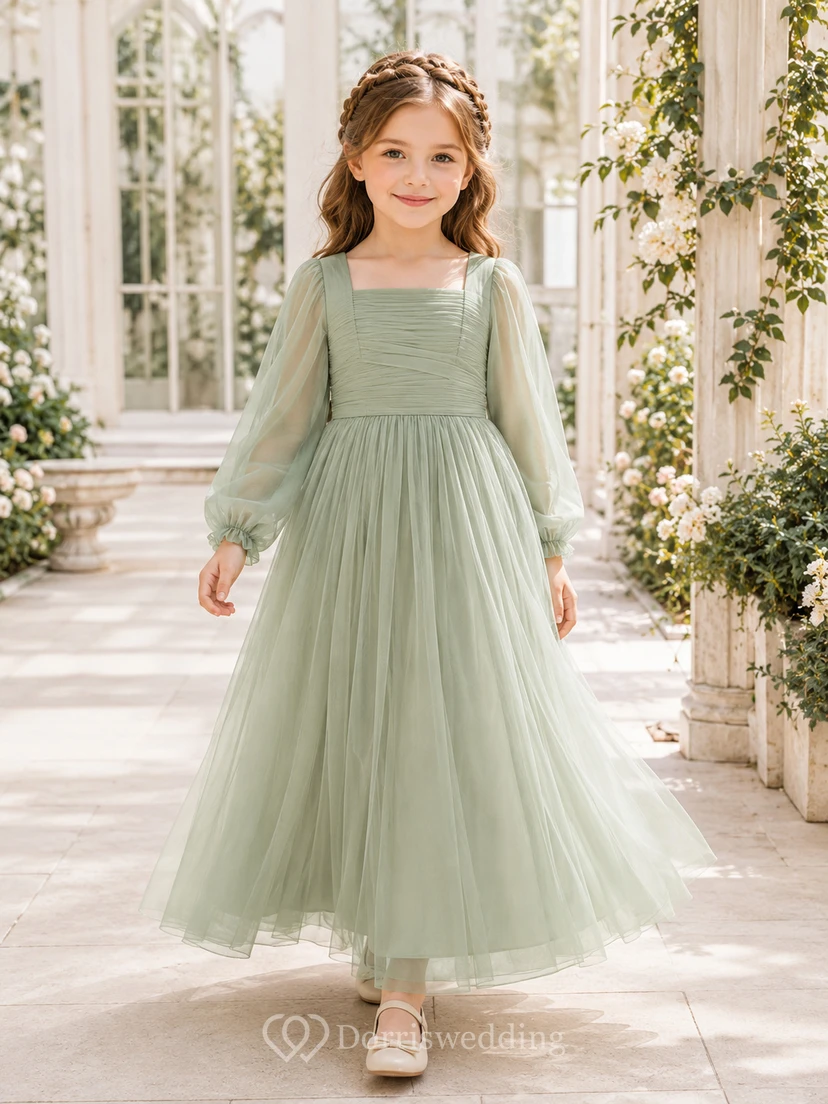 Bodenlanges Tüllkleid mit Spitzenoberteil in A-Linie für Blumenmädchen, langen Ärmeln, Rundhalsausschnitt und bodenlangem Rock