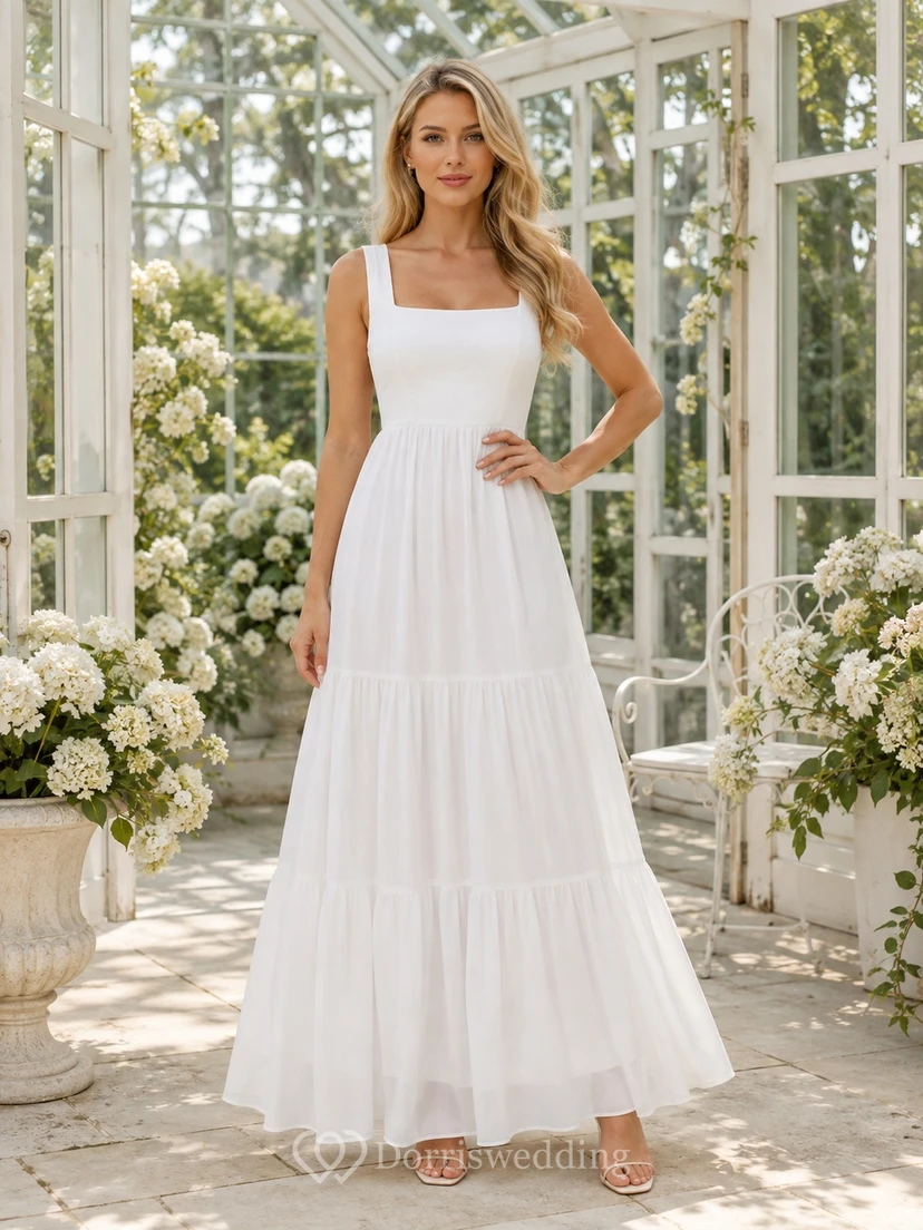 Weißes, romantisches Chiffon-Maxikleid mit eckigem Ausschnitt, Stufenrock und A-Linien-Schnitt