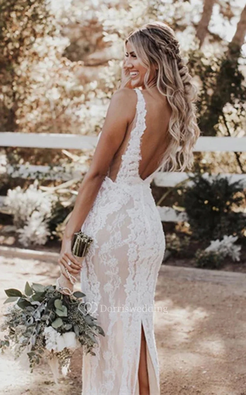 Sexy Boho Strand Spitzen-Etui-Hochzeitskleid mit tiefem V-Ausschnitt view 4