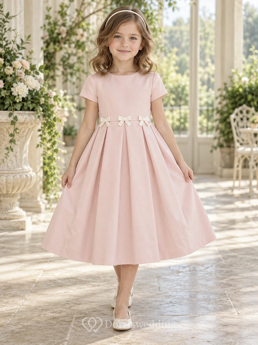Robe de demoiselle d'honneur simple et modeste, couleur blush, longueur thé, nœud plat, manches courtes, plis souples view 2