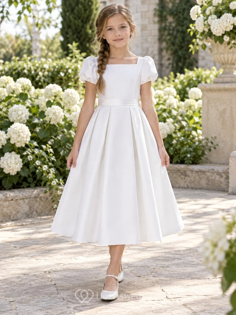 Modest Square Neck White Tea-length Puff Sleeve Pleated Satin Communion Dress