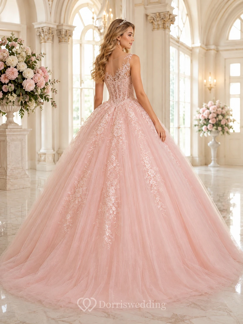 Palace Bloom Blush Ballkleid, bodenlang, V-Ausschnitt, ärmellos, luxuriöses Tüll-Abendkleid view 2