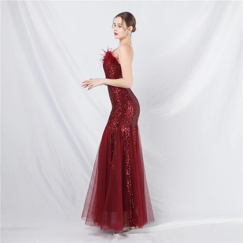 Craft Ostrich Feather Mesh Sequined Long Evening Dress view 22