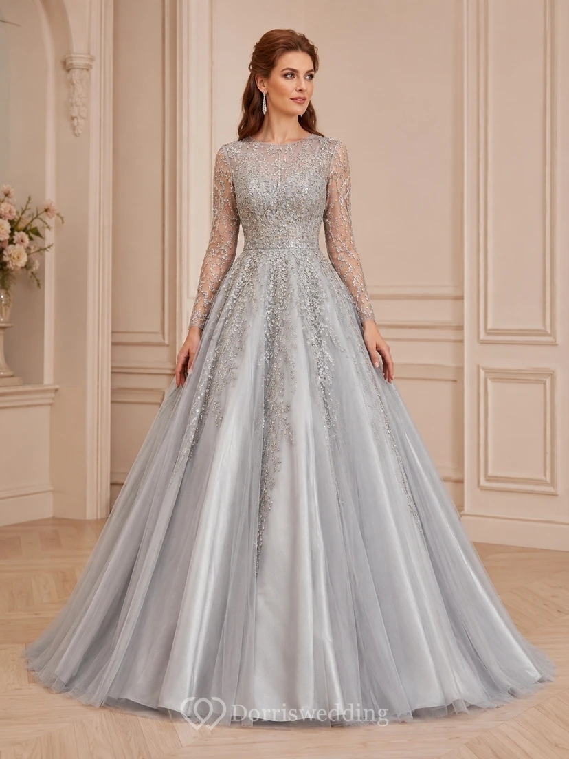 Silver High Neck Illusion Long Sleeve Lace Satin Ball Gown