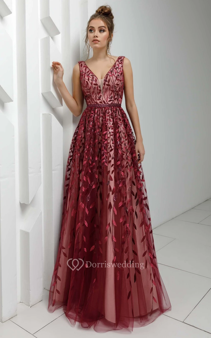 Ärmelloses, bodenlanges Ballkleid mit V-Ausschnitt, A-Linie, Empire-Schnitt und Stickerei view 3