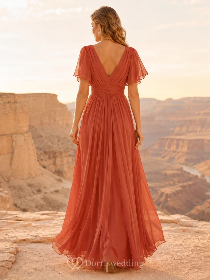 Terracotta V-neck flutter sleeve desert wedding guest chiffon gown view 2