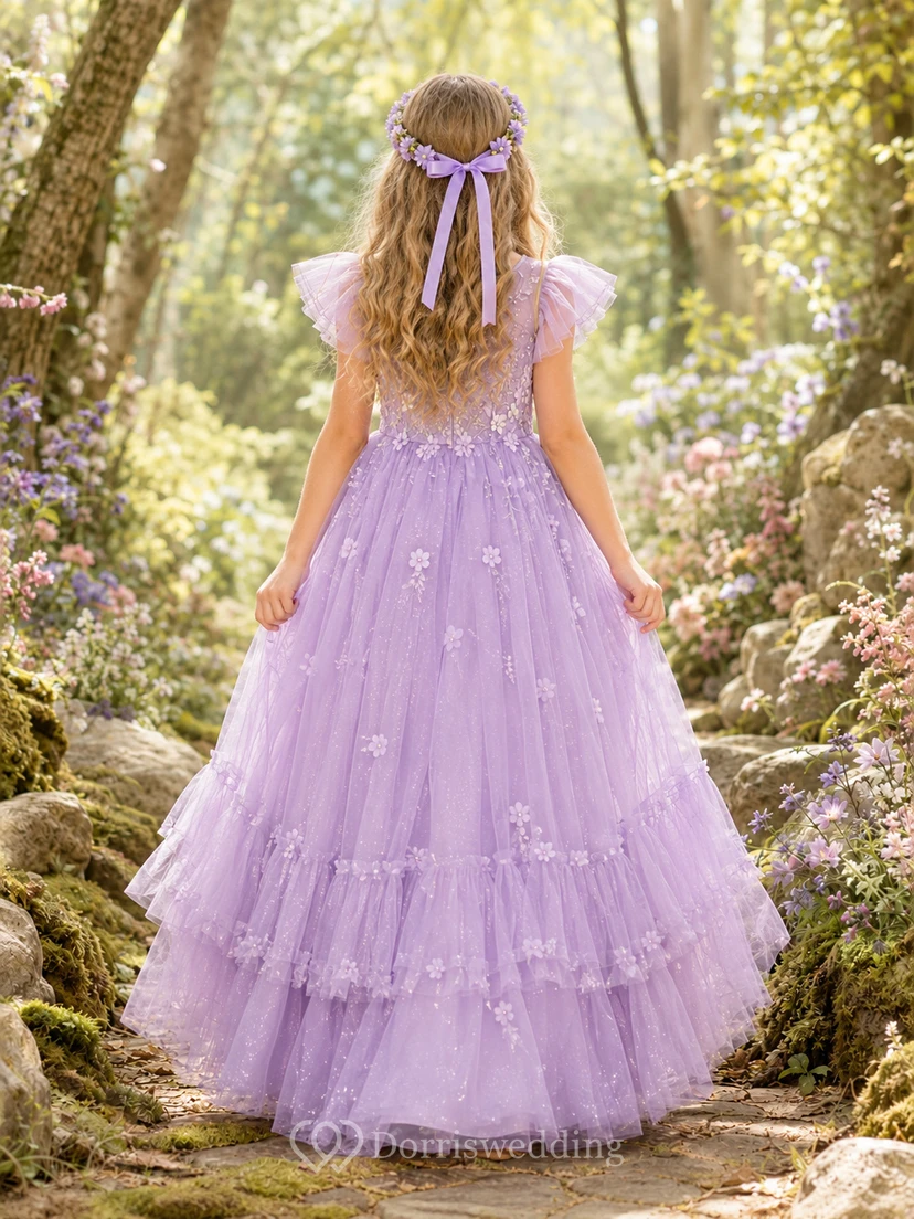 Lavender Tulle A-Line Flower Girl Dress with Short Sleeves, Jewel Neck, Tea-Length Skirt and Bow Detail view 2