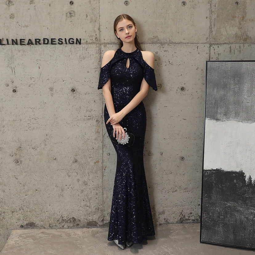 Banquet Temperament Elegant Long Short-Sleeved Sequin Aura Queen Fishtail Evening Dress view 27