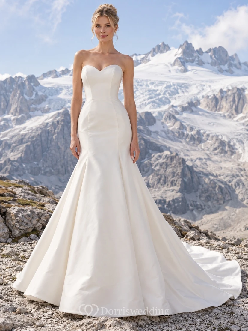 Vestido de novia sencillo de tafetán estilo sirena sin mangas con cola larga y escote corazón