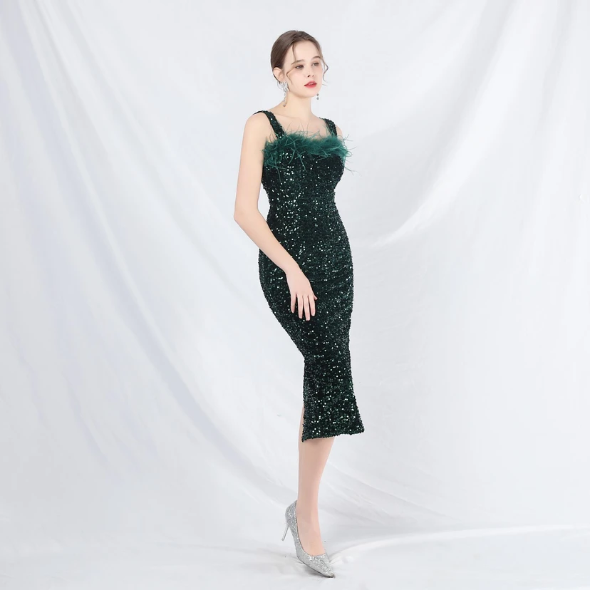 Craft Ostrich Feather Velvet Sequined Evening Dress view 57
