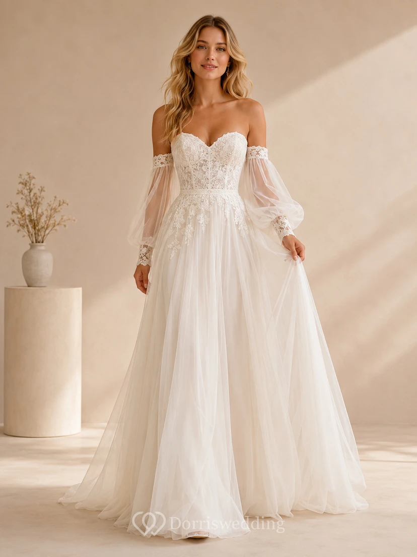 Off Shoulder Detachable Sleeve Modern Studio Bridal Gown