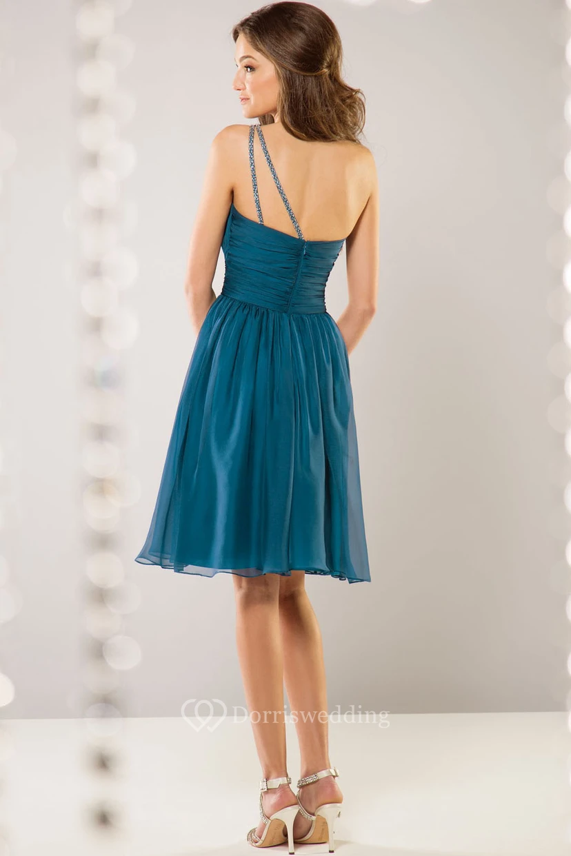 One-Shoulder Knee-Length Bridesmaid Dress With Beadings And Pleats view 2