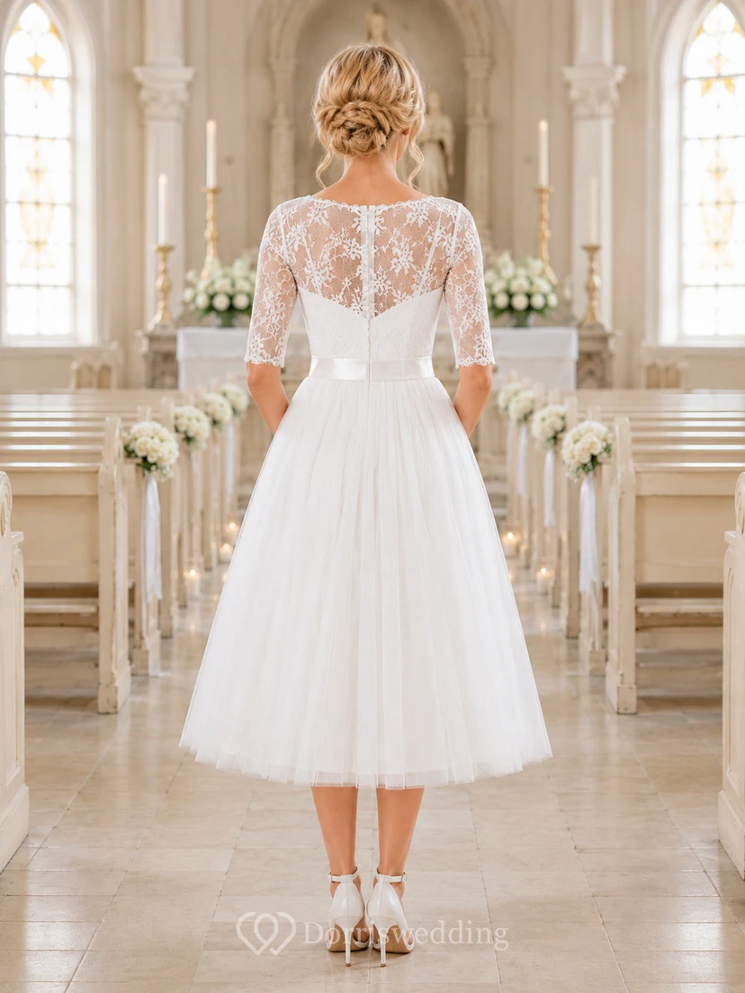 Lace Illusion Sleeve Modest Tulle Communion Girl Dress view 2