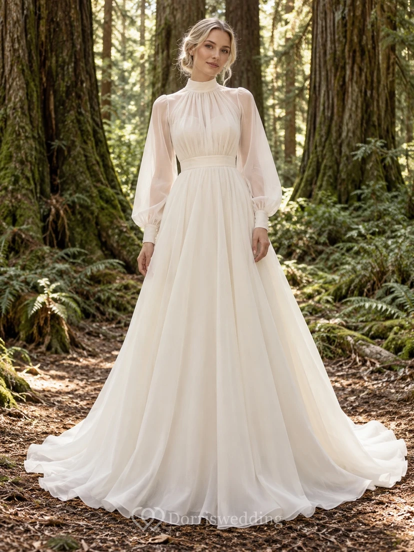 High Neck Long Sleeve Wedding Dress with Blouse Bodice Organza A-Line Sweep Train