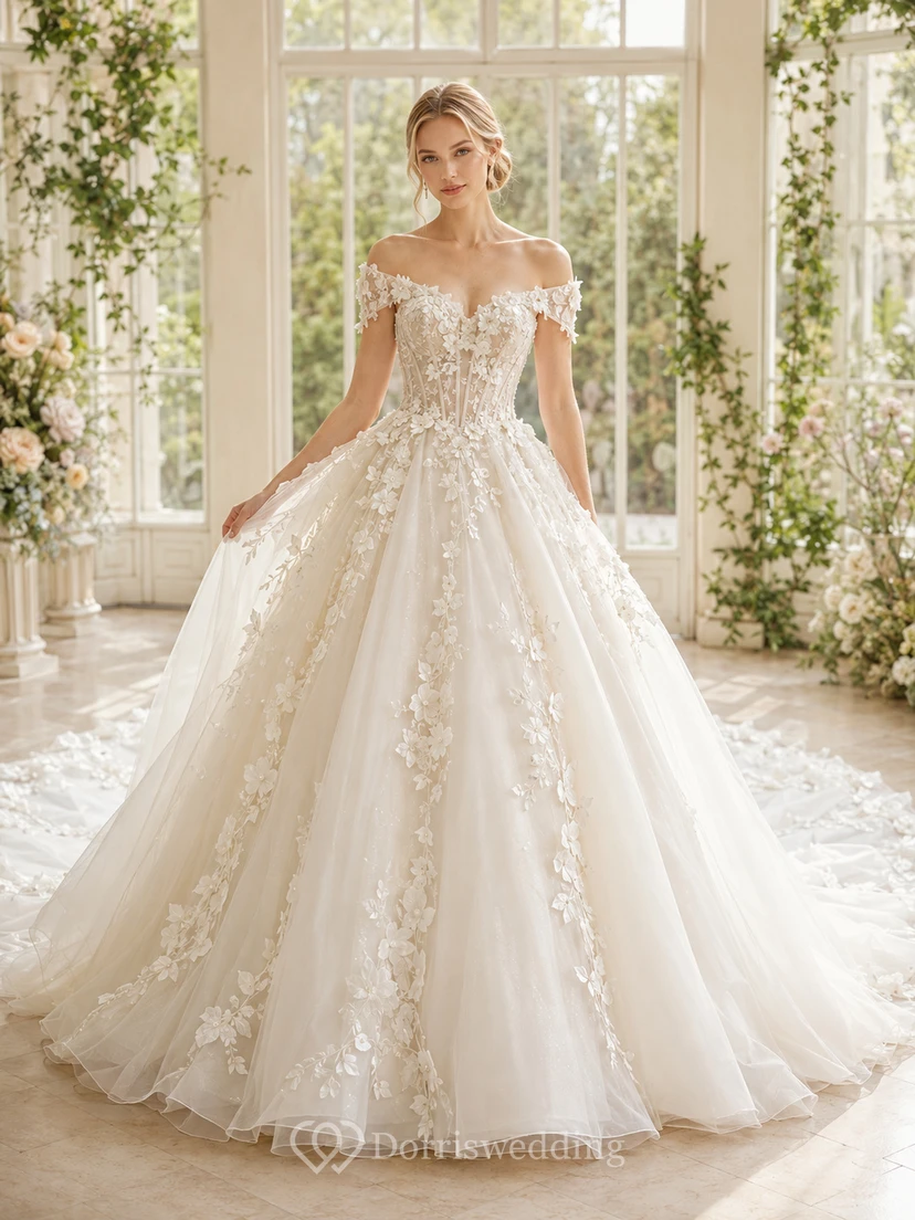 Robe de bal en dentelle florale à épaules dénudées, robe de mariée luxueuse avec traîne cathédrale