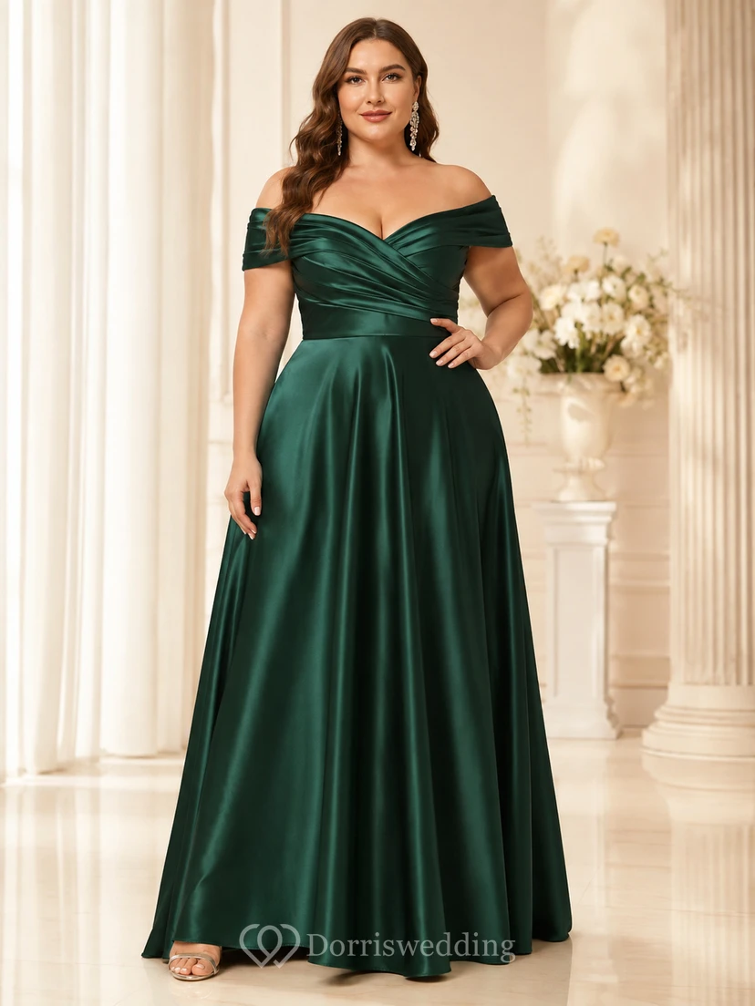 Dunkelgrünes, schulterfreies A-Linien-Abendkleid aus Satin in Übergröße, bodenlang