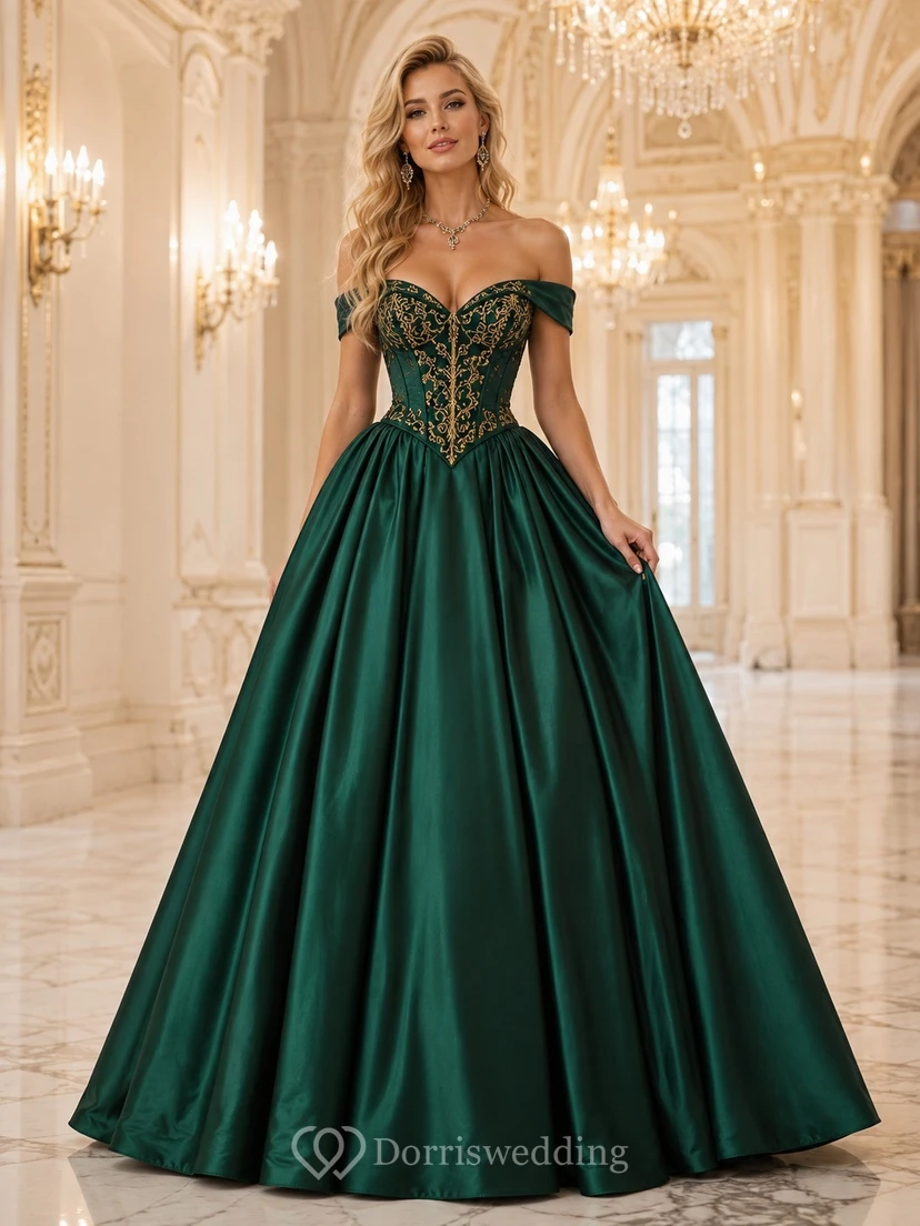 Emerald Off-the-shoulder Satin Corset Ball Gown Floor-length Masquerade Formal Dress