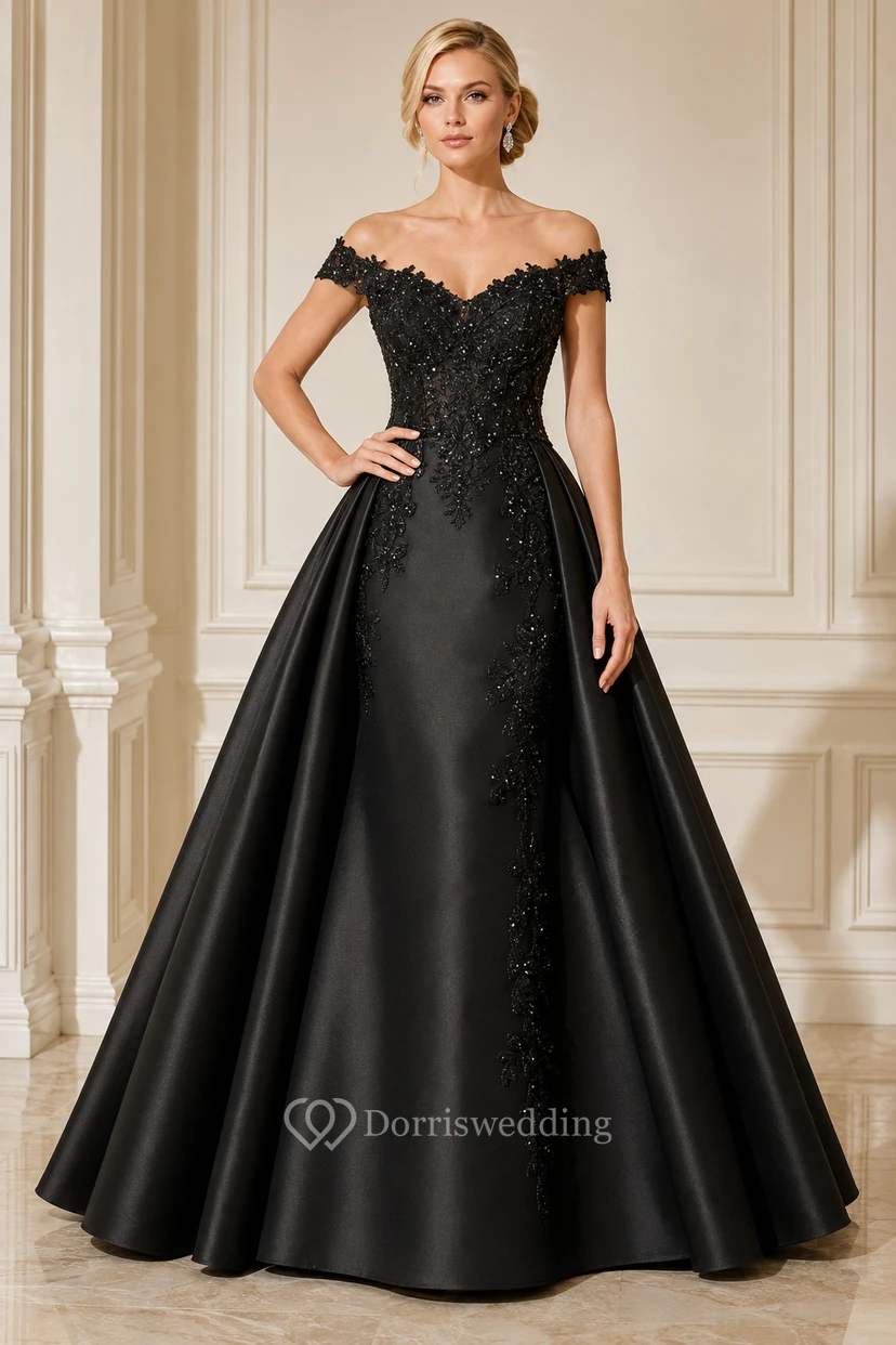 Schwarzes schulterfreies Ballkleid aus Satin mit Spitzenbesatz und weitem Rock