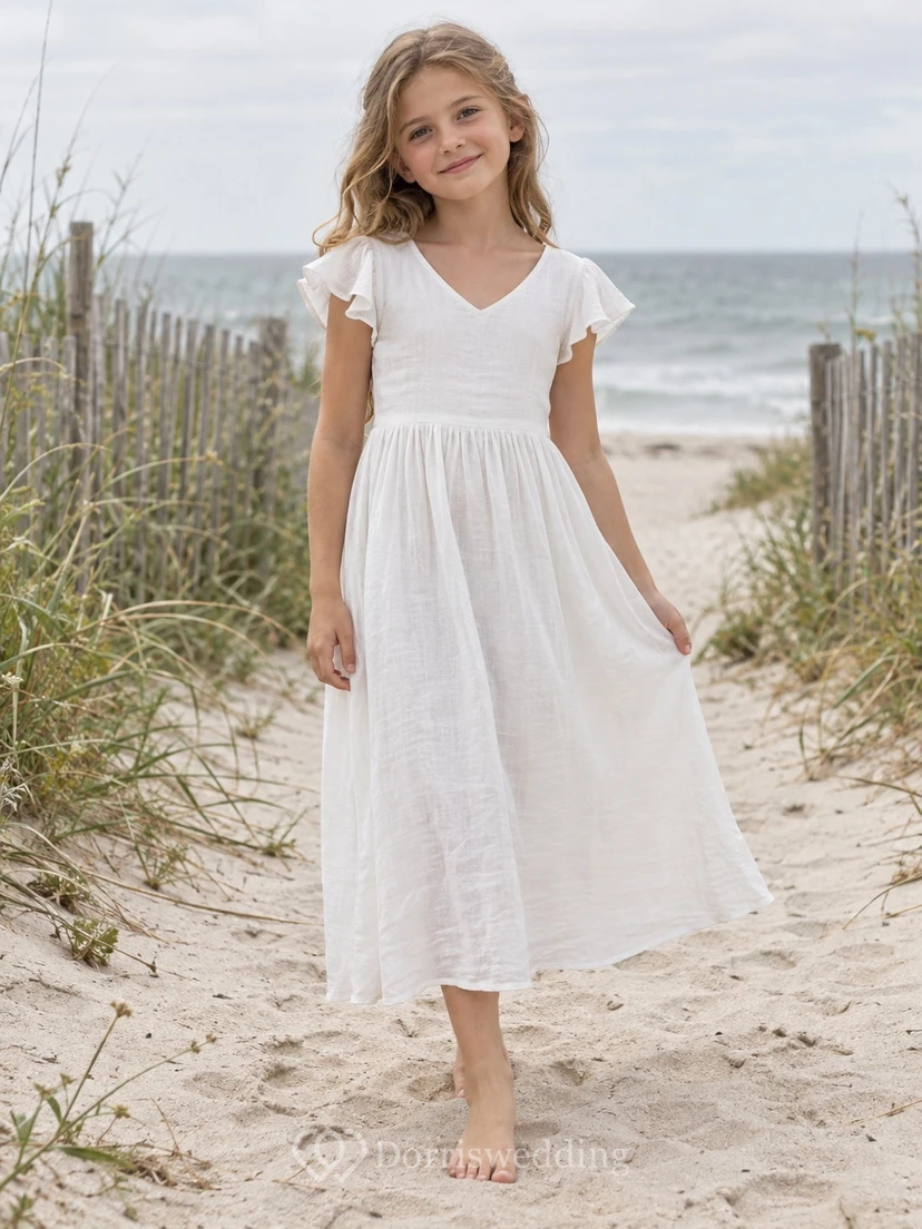 Simple Tea-length White Beach V-neck Flutter Sleeve Linen Flower Girl Dress