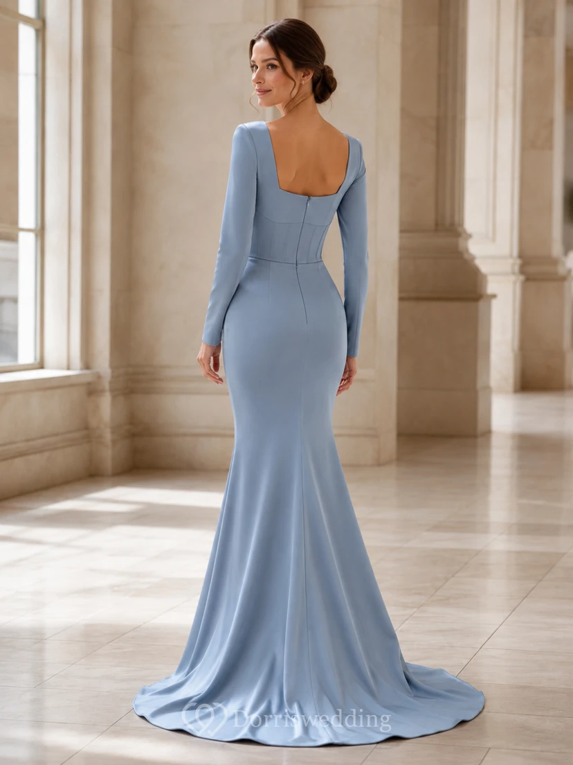 Schieferblaues, modernes Brautkleid aus Satin mit eckigem Ausschnitt, langen Ärmeln und Meerjungfrauenschnitt view 2