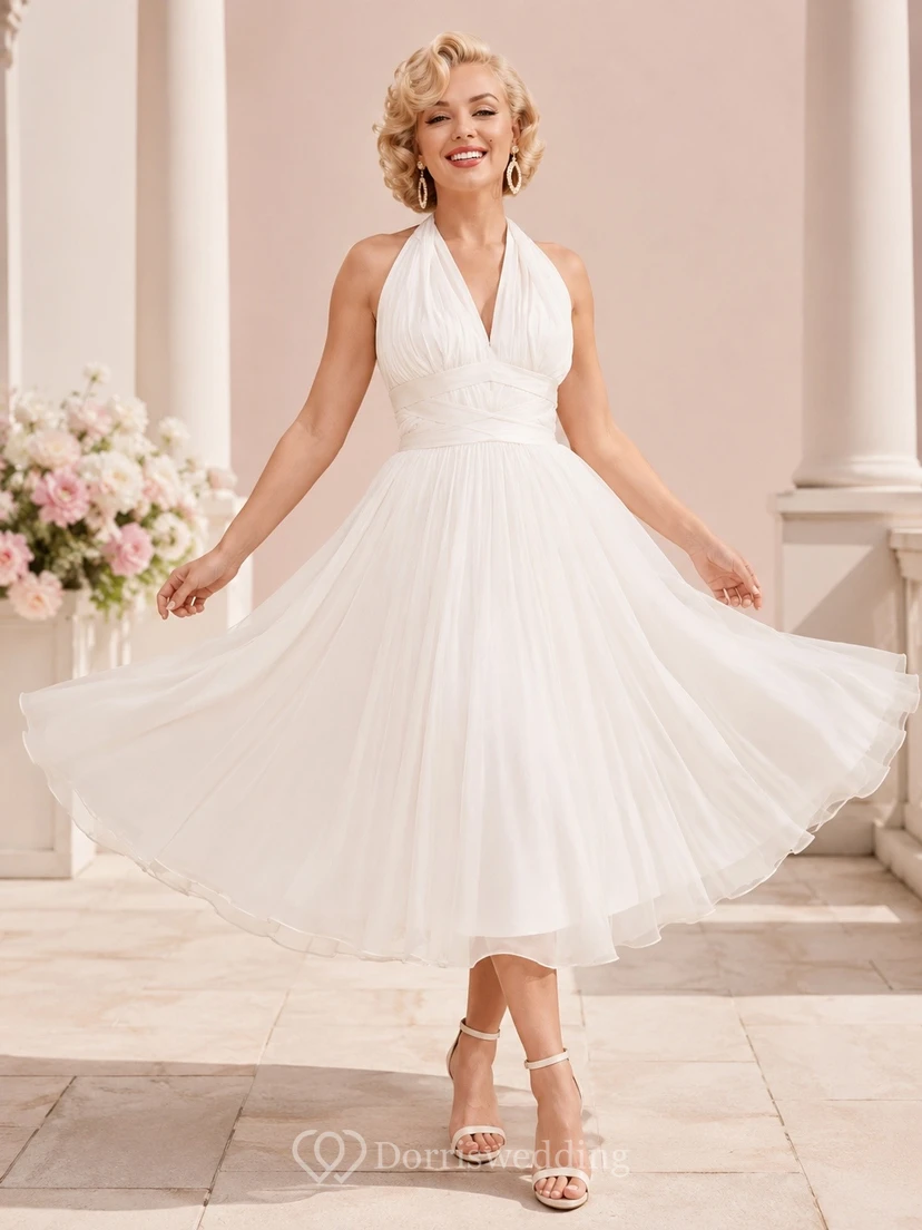 White Halter Satin Flowing Tea-Length Vintage Guest Dress