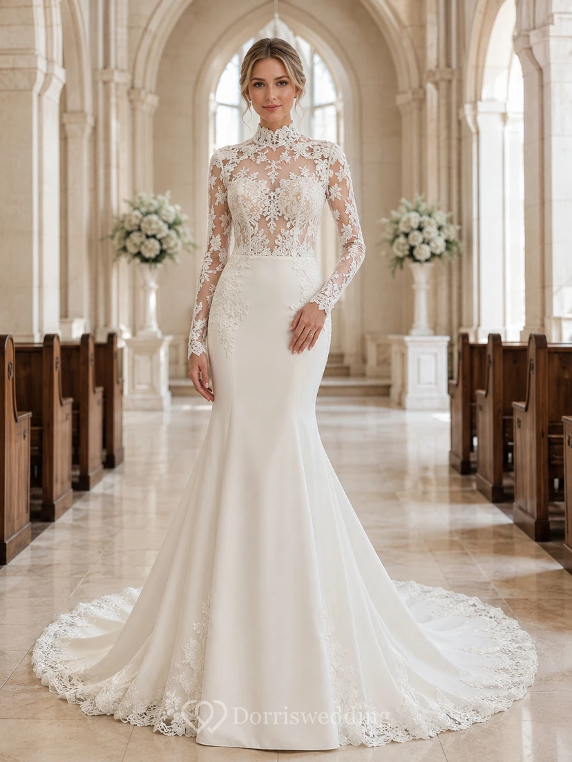 Vestido de novia de corte sirena con cuello alto y corpiño de encaje transparente.