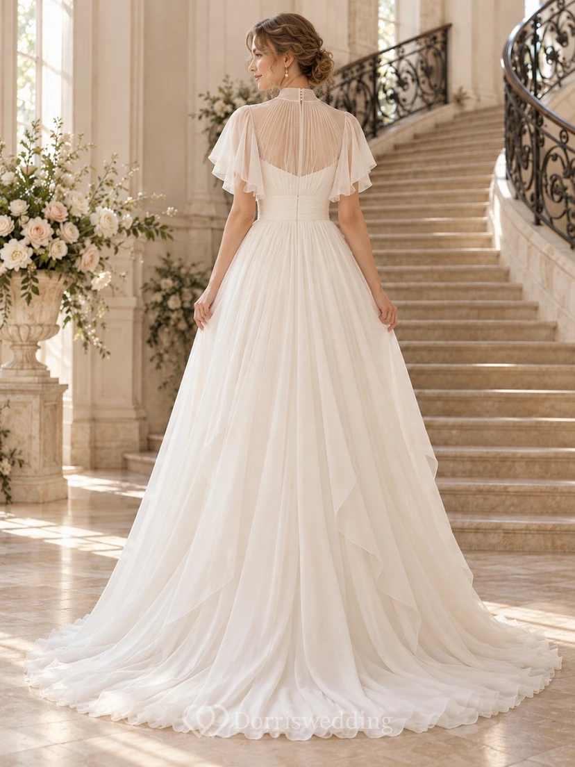 Modest High Neck Flutter Sleeve Chiffon A-line Train Wedding Dress view 2